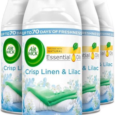 Air Wick Automatic Air Freshener Freshmatic Spray Refills, Crisp Linen & Lilac, Pack 4 x 250ml, Natural Essential Oils